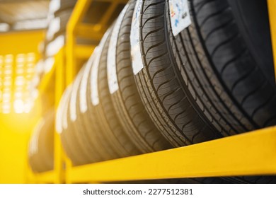 Close-up shot of tires in the warehouse of a tire change center Tire warehouse concept