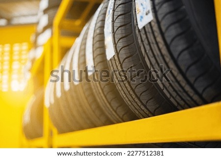 Close-up shot of tires in the warehouse of a tire change center Tire warehouse concept