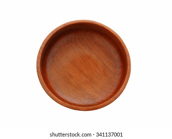 Closeup Shot From Top View Of Empty Wood Bowl Isolated On White Background.