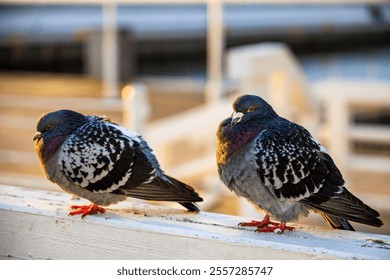 A closeup shot of two gray pigeons perched on a stone ledge - Powered by Shutterstock