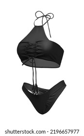 Close-up shot of a two-piece swimsuit. The bathing suit consists of a black lace-up bodice and black swim bottoms. The bathing suit is isolated on a white background. Side view.