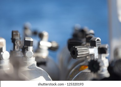 Close-up Shot Of Valves With Very Short Depth Of Field On Scuba Equipment.