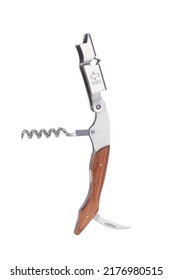 Close-up Shot Of A Waiters Wine Corkscrew With A Foil Cutter And A Bottle Opener In An Unfolded State. The Wine Corkscrew Is Isolated On A White Background.