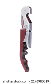 Close-up Shot Of A Waiters Wine Corkscrew With A Foil Cutter And A Bottle Opener. The Wine Corkscrew Is Isolated On A White Background. Side View.