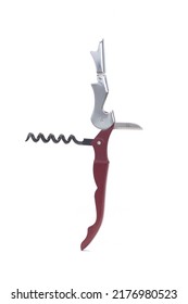 Close-up Shot Of A Waiters Wine Corkscrew With A Foil Cutter And A Bottle Opener In An Unfolded State. The Wine Corkscrew Is Isolated On A White Background.