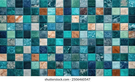 A close-up shot of a wall tiled with small, colorful mosaic squares in shades of teal, blue, and green. - Powered by Shutterstock