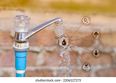 Closeup Shot Of Water Supply Faucet, Opening Water Life And Expenses, Computer Graphic Eco Solid Icon, Wall Background Orange Light