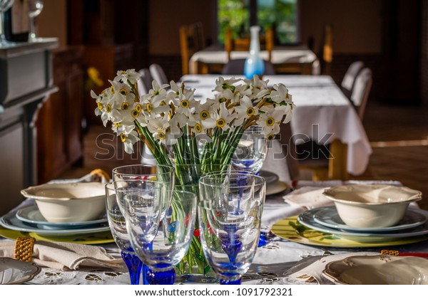 Closeup Shot Wedding Reception Dinner Table Food And Drink Stock