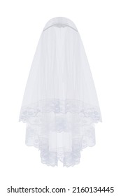 Close-up shot of a white floral hair comb with a veil. The bridal veil has a lace applique. The wedding bridal veil is isolated on a white background. Front view.