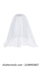 Close-up shot of a white veil with a comb. The bridal veil is adorned with scattered pearls. The wedding bridal veil is isolated on a white background. Front view.