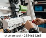 A close-up shot of a wire connected in a smart home electrical box. The image showcases intricate wiring details, neatly organized within the box, reflecting advanced home automation technology and