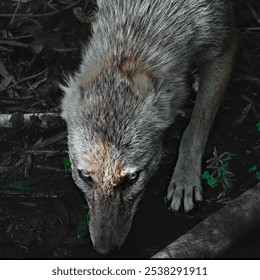 A close-up shot of a wolf-like animal, focusing on its face and intense gaze, with its fur showing intricate textures in various shades of gray and brown. The animal is seen lowering its head toward t - Powered by Shutterstock