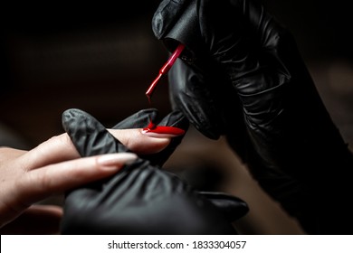 Closeup shot of a woman in a nail salon Manicure nail paint with thin brush, Nails artist polish, Woman getting nail manicure.