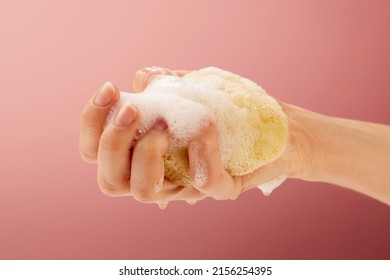 A Close-up Shot Of A Woman Squeezing Out A Yellow Sea Sponge On A Pink Colored Background