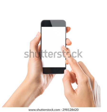 Closeup shot of a woman typing on mobile phone isolated on white background.. Girl's hand holding a modern smartphone and pointing with figer. Blank screen to put it on your own webpage or message.