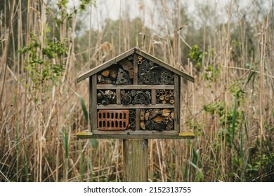 A Closeup Shot Of A Wooden Bumblebee House On A Wooden Pole With Long Grass With A Light Sky