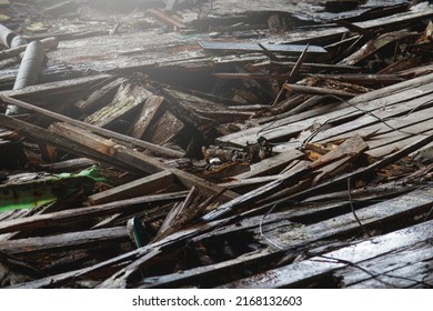 Closeup shot of a wreckage of an old building collapsed after being abandoned for a long time.