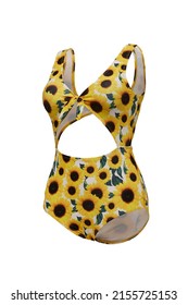 Close-up shot of a yellow cutout one piece swimsuit with a bow and floral print. The bathing suit is isolated on a white background. Side view.