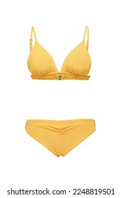 Close-up shot of a yellow triangle bikini set with braid. A two-piece swimsuit is isolated on a white background. Front view.