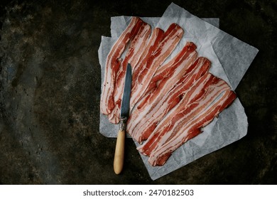 Close-up shots of uncooked bacon strips arranged neatly on parchment paper. The bacon has a mix of red meat and white fat, showcasing its marbled texture on dark, rustic surface. - Powered by Shutterstock