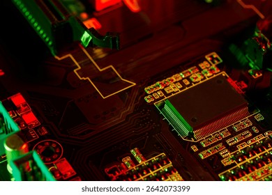 A close-up showcasing the intricate details of a computer motherboard with circuit board pathways highlighted by green and red lights for a high-tech aesthetic.