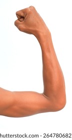 A close-up shows a flexing arm, emphasizing muscle definition against a white backdrop