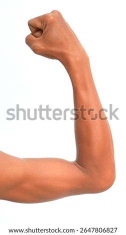 A close-up shows a flexing arm, emphasizing muscle definition against a white backdrop