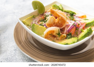 Close-up Of A Shrimp Ceviche With Avocado, Traditional Dish From Ecuador