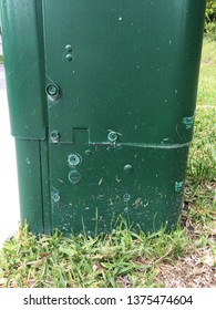 Closeup Of The Side Of A Green Electrical Box In Fullerton, CA.