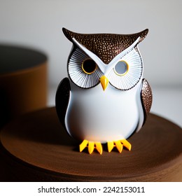 Closeup side lit image of a cute brown and white owl figurine toy on a round wooden platter with a neutral light grey background - Shutterstock ID 2242153011
