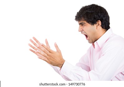 Closeup Side Profile Portrait Of Angry Man, Worker, Employee, Businessman With Arms Raised, Isolated On White Background With Copy Space