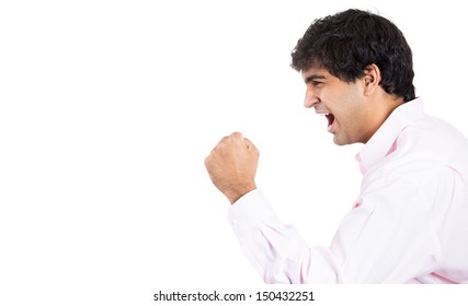 Closeup Side Profile Portrait Of Angry Man, Worker, Employee, Businessman With Arms Raised, Isolated On White Background With Copy Space