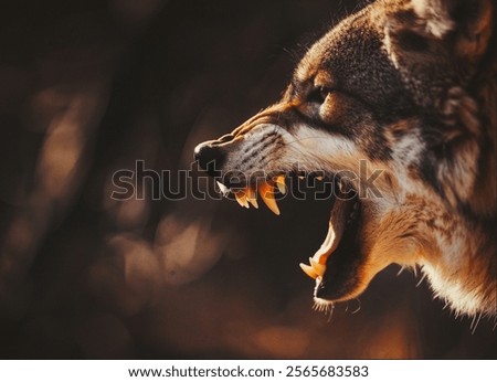 Closeup side profile of snarling vicious brown wolf with a blurred background