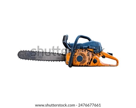 Closeup side view dirty old chain saw isolated on white background