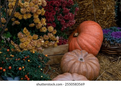 Close-up side view of fresh ripe orange pumpkin lying on wooden floor next to red and yellow Chrysanthemum flowers. Soft focus. Copy space. Autumn season street decoration theme. - Powered by Shutterstock