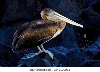 A closeup side view of a Galapagos Brown pelican perched on a rock during the night - Powered by Shutterstock