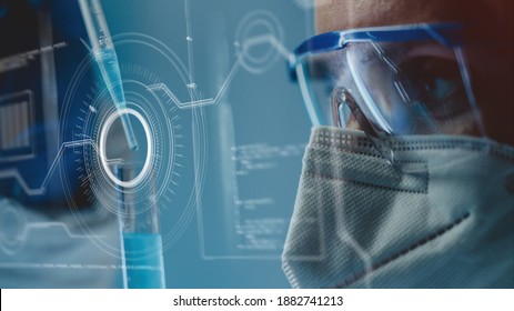 Close-up Side View Of Lab Scientist In Safety Goggles And Mask. Concept Of Developing Efficient Anti-viral Medication, Anti-coronavirus Vaccine Or Treatment. Incorporated Futuristic Graphic Interface