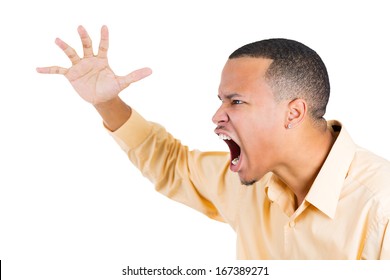 Closeup Side View Profile Portrait Of Angry Man With Hand Raised Open Mouth Yelling, Isolated On White Background. Negative Emotion Facial Expression Feelings. Conflict Problems And Issues