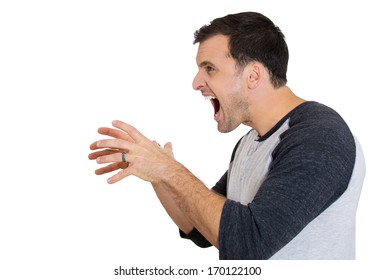 Closeup Side View Profile Portrait Of Angry Man, With Hands In Air To Strangle Someone, Isolated On White Background. Negative Emotion Facial Expression Feelings. Conflict Problems Issues