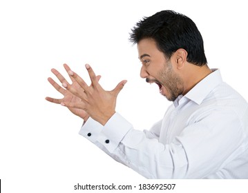 Closeup, Side View Profile Portrait Angry Man With Hands In Air, Wide Open Mouth Yelling, Isolated White Background. Negative Emotion, Facial Expression Feelings. Conflict Scandal Problems