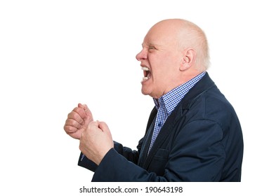 Closeup Side View Profile Portrait, Mad, Upset, Senior Mature Man, Funny Looking Business Man, Fist In Air, Open Mouth Yelling, Isolated White Background. Negative Emotion Facial Expression, Reaction