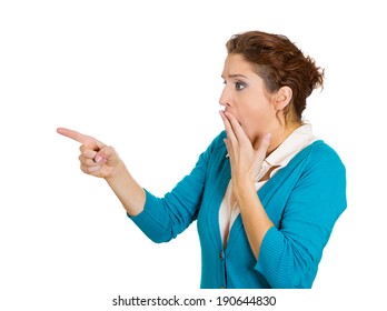 Closeup Side View Profile Portrait, Headshot Very Surprised Shocked Woman With Big Eyes, Open Mouth, Pointing With Finger, Isolated White Background. Unexpected Human Facial Expression Emotion Feeling