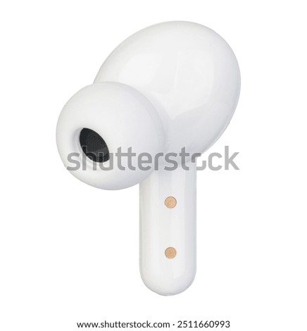 Close-up side view of a single white wireless earbud on a white background.