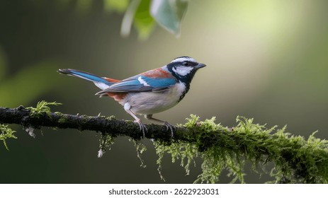 A close-up side view of a small bird perched on a moss-covered branch, 
displaying vibrant blue and red plumage. 
A distinct white streak runs above its dark, ai image