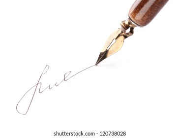 Closeup Of Signature (fake, Not Real) And Ink Pen, Isolated On White