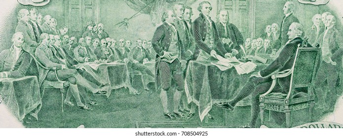 Close-up of signing declaration of independence on two dollar banknote. United States, macro - Shutterstock ID 708504925