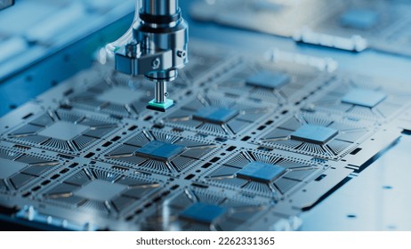 Close-up of Silicon Die are being Extracted from Semiconductor Wafer and Attached to Substrate by Pick and Place Machine. Computer Chip Manufacturing at Fab. Semiconductor Packaging Process.