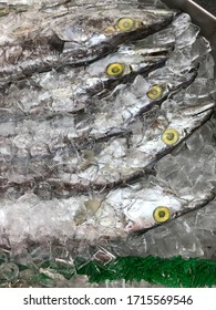 Closeup Of Silver Cutlass Fish, Family Trichiuridae (order Perciformes)with Large Bright Yellow Eyes Under Ice For Sale In Market