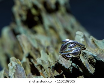 Close-up of silver ring with leaf patterns over a rock