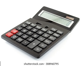 Closeup Single Black Digital Calculator Isolated On White Background, Electronic Office Supplies For Calculating The Numbers In Business Finance Or Mathematics Education